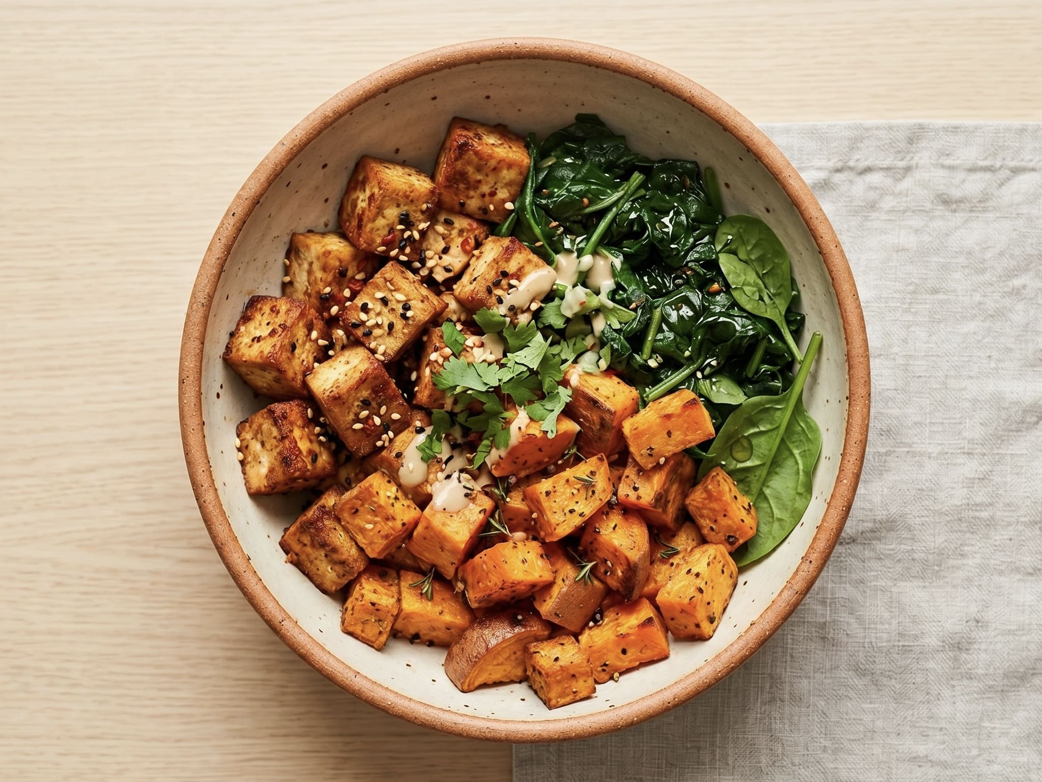 Tofu s batáty a špenátem