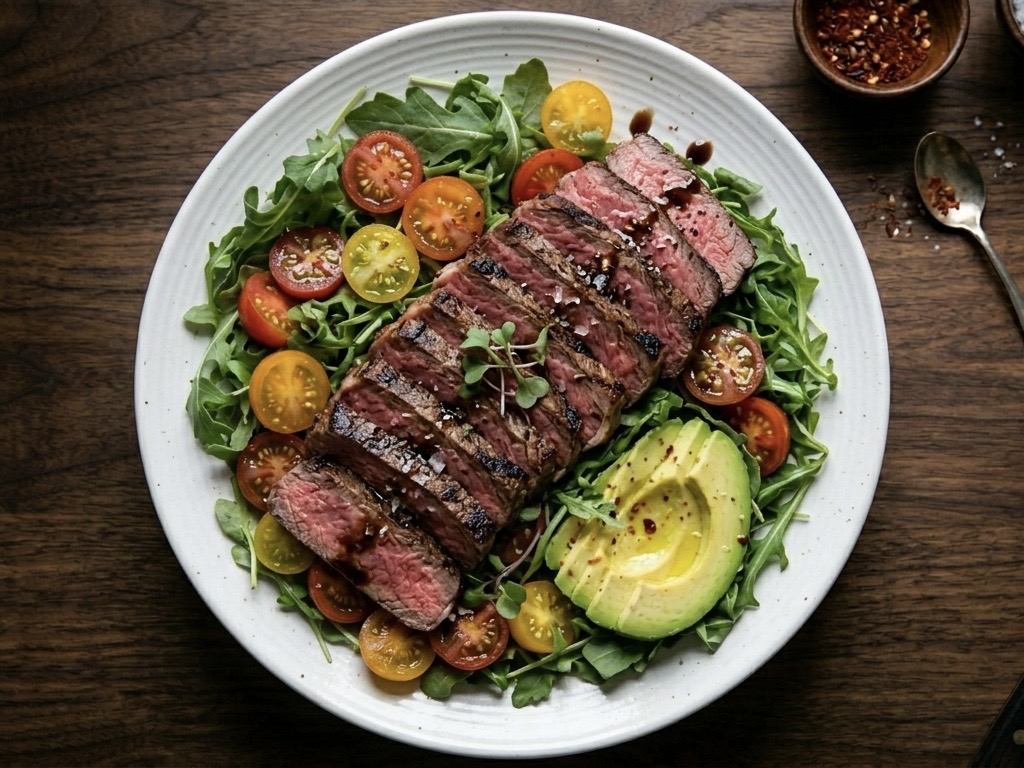Hovězí steak salát s rukolou a avokádem