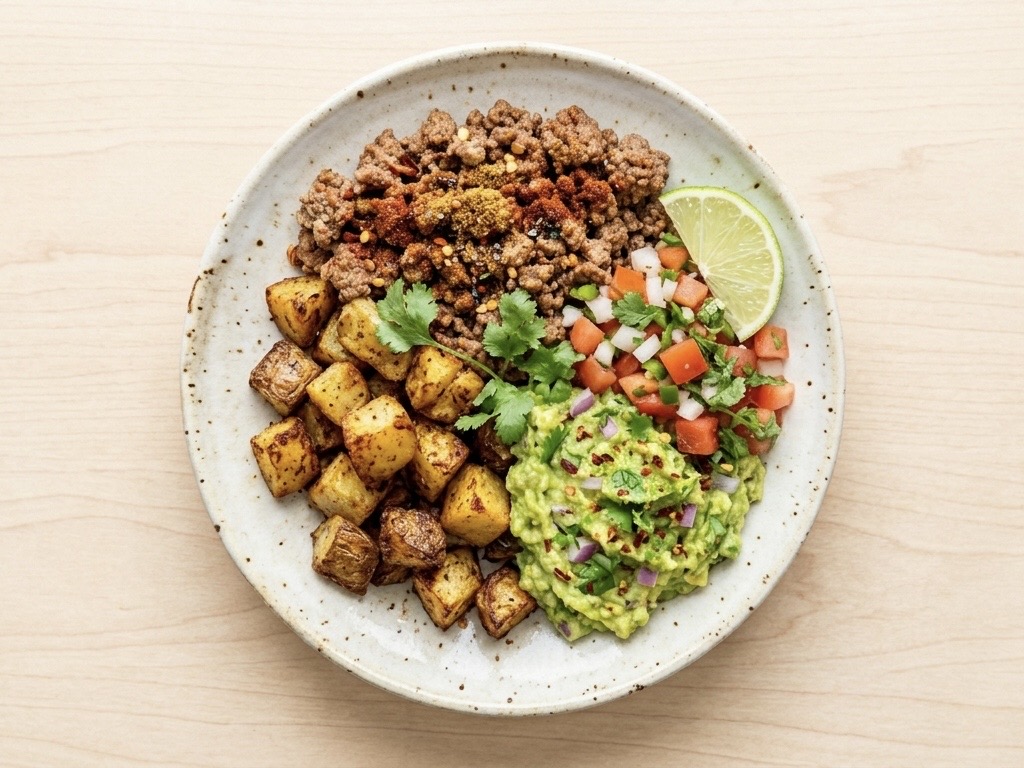 Taco bowl s hovězím a brambory